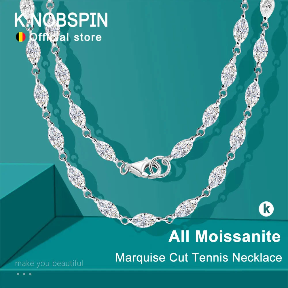 KNOBSPIN 14.35-19ct Marquise Cut Moissanite Tennis Necklaces for Women Wedding Jewelry s925 Silver Authentic Moissanite Necklace
